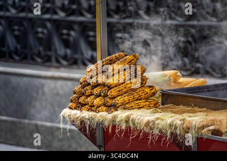 Beliebtes türkisches Streetfood, Misir, frisch gekochter Mais auf dem Kolben, geröstet auf einem Kohlegrill und mit Salz und Gewürzen bestreut, Istanbul, Truthahn Stockfoto
