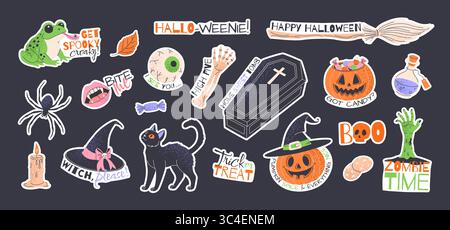 Happy Halloween Aufkleber Set. Isolierte Elemente. Stock Vektor