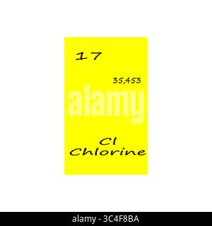 Abbildung des Chlorelements. Siebzehn Atomzahl. Chemisches Symbol Kl. Gelber Vektorhintergrund. Stock Vektor