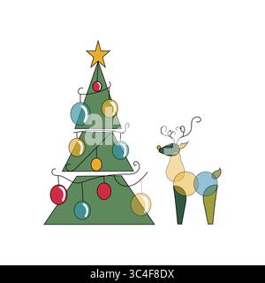 Geschmückter Weihnachtsbaum. Festliche Feiertagsfichte. Golden Star Topper. Saisonale Vektorverzierung. Stock Vektor