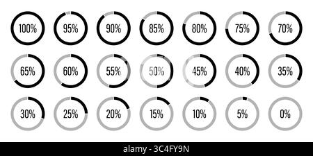 Prozentsatz der Infografik-Elemente. Runddiagrammsymbole für Infografiken von 0 bis 100 Prozent. Anzeige für geteilte Tortendiagramme in schwarzer, grauer Farbe Stock Vektor