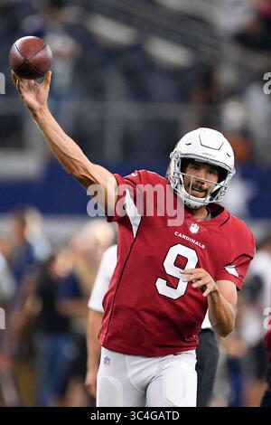26. August 2018: Sam Bradford (9), Quarterback der Arizona Cardinals, vor dem NFL-Football-Spiel zwischen den Arizona Cardinals und den Dallas Cowboys im AT&T Stadium in Arlington, Texas. Shane Roper/Cal Sport Media (Kreditbild: &Copy; Shane Roper/CSM via ZUMA Wire) Stockfoto
