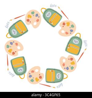 Einfacher Schulkreisrahmen. Runder Schulrand aus verschiedenen Schulobjekten. Weiche Pastellfarben zurück zur Schule Hand gezeichnetes Vektorbanner Stock Vektor