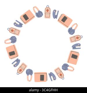 Einfacher Schulkreisrahmen. Runder Schulrand aus verschiedenen Schulobjekten. Weiche Pastellfarben zurück zur Schule Hand gezeichnetes Vektorbanner Stock Vektor