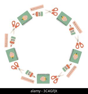 Einfacher Schulkreisrahmen. Runder Schulrand aus verschiedenen Schulobjekten. Weiche Pastellfarben zurück zur Schule Hand gezeichnetes Vektorbanner Stock Vektor