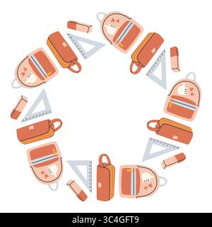 Einfacher Schulkreisrahmen. Runder Schulrand aus verschiedenen Schulobjekten. Weiche Pastellfarben zurück zur Schule Hand gezeichnetes Vektorbanner Stock Vektor