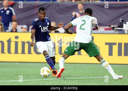 September 2018; Foxborough, MA, USA; Cristian Penilla (70) und Alvas Powell (2), Verteidiger der Portland Timbers, spielten im Gillette Stadium bei einem MLS-Spiel zwischen Portland Timbers und New England Revolution. Das Spiel wurde bis zu einem Unentschieden von 1-1 ausgetragen. Anthony Nesmith/CSM(Credit Image: &Copy; Anthony Nesmith/CSM via ZUMA Wire) Stockfoto