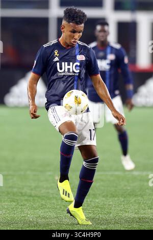 September 2018; Foxborough, MA, USA; Juan Agudelo (17), der die New England Revolution im Gillette Stadion in einem MLS-Spiel zwischen Portland Timbers und New England Revolution spielte. Das Spiel wurde bis zu einem Unentschieden von 1-1 ausgetragen. Anthony Nesmith/CSM(Credit Image: &Copy; Anthony Nesmith/CSM via ZUMA Wire) Stockfoto
