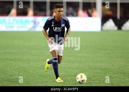 September 2018; Foxborough, MA, USA; Juan Agudelo (17), der die New England Revolution im Gillette Stadion in einem MLS-Spiel zwischen Portland Timbers und New England Revolution spielte. Das Spiel wurde bis zu einem Unentschieden von 1-1 ausgetragen. Anthony Nesmith/CSM(Credit Image: &Copy; Anthony Nesmith/CSM via ZUMA Wire) Stockfoto