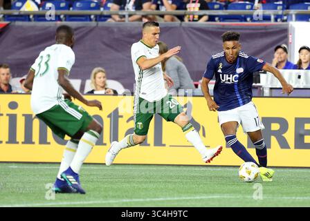 September 2018; Foxborough, MA, USA; Juan Agudelo (17), der die New England Revolution im Gillette Stadion in einem MLS-Spiel zwischen Portland Timbers und New England Revolution spielte. Das Spiel wurde bis zu einem Unentschieden von 1-1 ausgetragen. Anthony Nesmith/CSM(Credit Image: &Copy; Anthony Nesmith/CSM via ZUMA Wire) Stockfoto