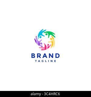 Buntes „Peoples Flying Free Together“-Logo. Five People United Flying Together Logo Design. Stock Vektor