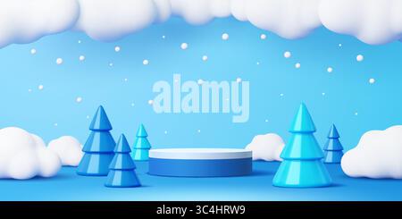 Weihnachtspodium, 3D-Winterszene mit konischen Bäumen, flauschigen Wolken und fallenden Schneeflocken auf einem hellblauen Hintergrund. Runder Vektor-Plattform für fes Stock Vektor