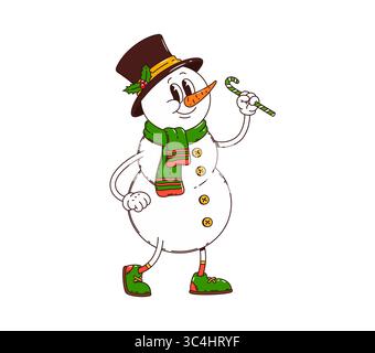 Cartoon Weihnachten Schneemann niedliche groovige Figur. Winter Winter Urlaub Retro funky Charakter. Glückliches neues Jahr, frohe Weihnachten groovige glückliche Schneemann isolierte Vektorfigur trägt Schal und Top Hut Stock Vektor
