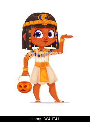 Das süße Cartoon Mädchen in einem ägyptischen Kostüm hält einen Kürbiskorb bereit für die Halloween-Party für Kinder. Vektorfigur trägt traditionelle Goldkopfpi Stock Vektor
