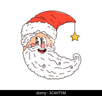 Weihnachtsmann-Mond-grooviger Charakter. Neujahrsfeier und fröhliches festliches, grooviges Maskottchen. Winterferien Saison isolierter Vektor cr Stock Vektor