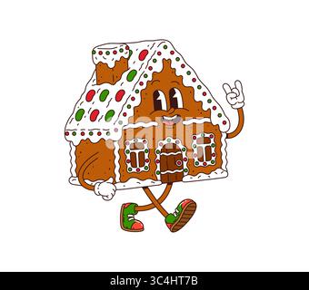 Grooviger Weihnachts-Ingwer-Cookie-Haus-Charakter für Winterferien, Cartoon-Vektor. Lustiger Lebkuchenhauskeks mit fröhlichem Gesicht und cooler Geste Stock Vektor