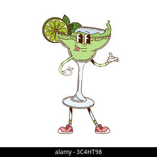 Hippie Margarita Cocktail Drink grooviger Charakter. Partyalkoholgetränk netter grooviger Vektor-Charakter, tropischer Cocktail fröhlicher Charakter. Margarita Stock Vektor