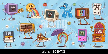 Cartoon Retro groovige Charaktere mit lustigen psychedelischen Gesichtern, Vektor-Comic-Emoji. Grooviges Lächeln mit Regenbogenbrot, Poker oder Casino-Spielautomat, glücklich Stock Vektor