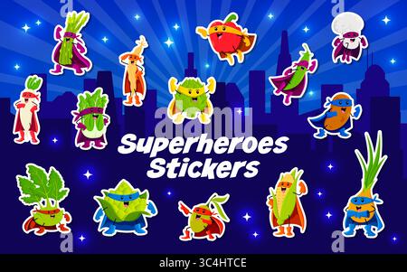 Cartoon-Superhelden-Gemüsefiguren-Aufkleber-Pack. Salat, Artischocke, Paprika und Erbsen, Pilze, Zwiebeln, Maissuperhelden oder Verteidiger in Maske und Stock Vektor