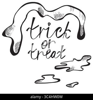 Doodle-Tropfenelemente. Schwarze Schleimspritzer, dehnender und tropfender Schleim. Schriftzug „Trick or Treat“. Isolierte Vektorformen. Stock Vektor