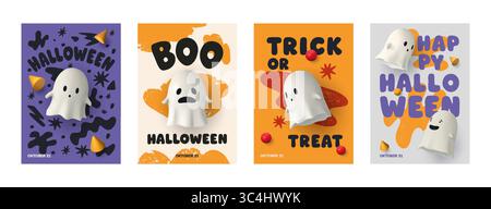 Set aus vertikalen 3D-Postern für Halloween mit niedlichen Geistern, auffälligen Schriften und farbenfrohen Hintergründen. Enthält Sätze wie „Buh“, „Trick or Treat“, „Halloween“ Stock Vektor