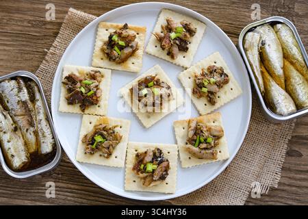 Blick von oben auf eine Platte mit knusprigen quadratischen Crackern, die jeweils mit Sardinen und einem Sprenkel gehackter grüner Zwiebeln belegt sind, kunstvoll auf einem weißen Teller angeordnet. Stockfoto