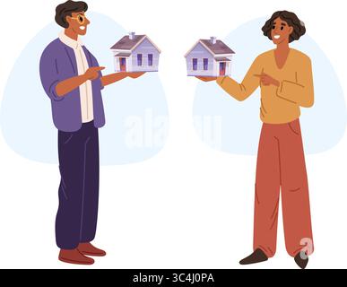 Junge Männer und Frauen haben ein Modell von zu Hause. Glückliche Leute, die mit ihren Zeigefingern auf Häuser zeigen. Immobilien mieten oder kaufen. Makler-Agent zeigt sich getrennt Stock Vektor