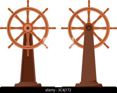 Hölzerne Schiffe steuern auf dem Rack, Vorder- und Rückansicht. Segelbootfahrt. Wassertransport. Holzlenkrad für nautische Boote. Steuerung der Yacht-Navigation. Oce Stock Vektor