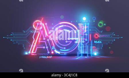 AGI-Logo. Künstliche allgemeine Intelligenz. Abstrakter technologischer konzeptueller Hintergrund mit AGI-Buchstaben. AGI-Text besteht auf der leiterplatte, elektronische Signale Stock Vektor