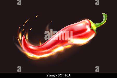 Realistische rote heiße Chilischote in Zungen von Flammen auf schwarzem Hintergrund. Paprika-brennender Geschmack. Mexikanische Küche. Gewürzprodukt. Brennendes Feuer. Soße fla Stock Vektor