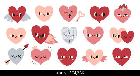 Valentinstag Doodle Hearts Set. Niedliche Sammlung flacher Herzen mit verschiedenen Gesichtern und Emotionen, mit Flügeln, gebrochen, verliebt, glücklich. Perfekt für Stock Vektor