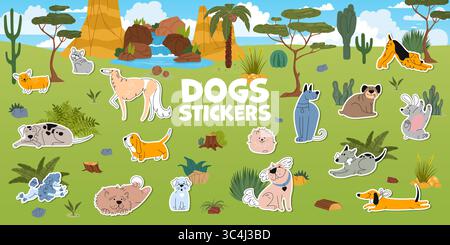 Niedliche Hunde und Welpen mit Aufklebern. Lustiger Corgi, Mops, toller däne und Pudel, windhund, Hund, Malamute und Spitz, Dackel-Gott-Haustier-Rasse Stock Vektor