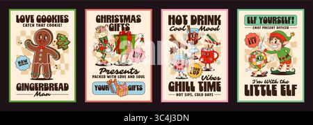 Weihnachten groovige Zeichentrickfiguren Poster, Vektor Frohe Weihnachten. Lustiges Retro-Weihnachtsgeschenk, Elf, Lebkuchenmann und Strumpffiguren T-Shirt Stock Vektor
