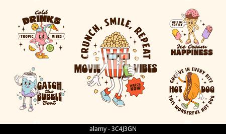 Cartoon-Fastfood-Charaktere, grooviges T-Shirt-Motiv und Poster. Vector Retro Hot Dog, Popcorn und Eisbecher mit Fastfood Drinks Poster Set. Ausschneiden Stock Vektor
