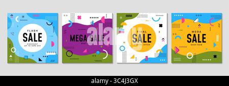 Sale Memphis Banner mit modernen, trendigen geometrischen Formen, Vektor-Promo-Poster. Mega Sale-Banner für Rabattangebote oder Sonderpreise mit M Stock Vektor