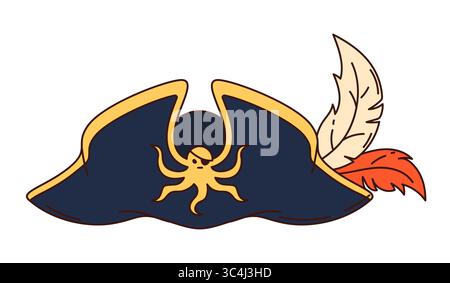 Cartoon-grooviger Piraten- und Korsar-Tricorn-Hut. Vektorkapitän Hahnenkappe, Seefahrerkopfschmuck mit Federn und Kraken-Emblem. Isolierter Buccane Stock Vektor