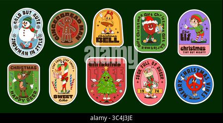 Groovige Weihnachts-Label-Aufkleber mit Zeichentrick-Weihnachtsfiguren. Vektor Retro Weihnachtsmann, Weihnachtsbaum und Geschenke, groovige Rentiere, Süßigkeiten, Elfe Stock Vektor
