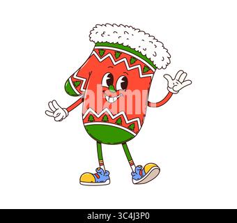 Weihnachtshandschuhdekoration grooviger Charakter. Frohe Weihnachtsdekoration grooviges, lustiges Maskottchen. Happy New Year Feier Retro isolierte Vektor Chara Stock Vektor