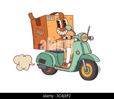 Cartoon groovige Lieferkartonpackung Charakter auf einem Roller. Vektorkomisches Paket, das ein Moped fährt. Smiling Pack Retro-Charakter Versand c Stock Vektor