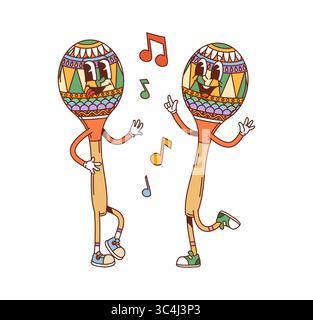 Cartoon groovige Sound Maracas Musikinstrument Charaktere mit Noten. Vektor mexikanische Percussion Rasseln Figuren tanzen bei Fiesta oder Cinco de Mayo Stock Vektor
