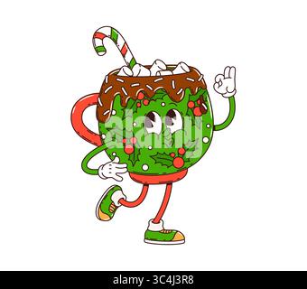 Weihnachtsgetränk mit heißem Schokoladengetränk, grooviger Charakter Weihnachtsfeier süßes Getränk groovige fröhliche Persönlichkeit. Happy New Year Dessert Drink Becher mit Stock Vektor