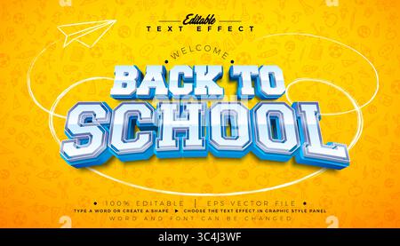 Willkommen zurück in der Schule editierbarer Illustrator Texteffekt Design Vektor Grafischer Stileffekt mit anpassbarer 3D-Zeichentrickschriftart auf gelber Hand gezeichnet Stock Vektor