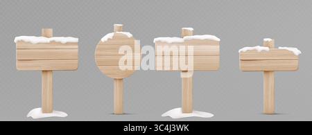 3D-Schilder aus Holzplatte, bedeckt mit Schneekappen. Winterschilder - runde und rechteckige Holzdielen auf Stangen mit weißer Frostplatte. Weihnachtsdorfdekoration für Feiertagselemente. Stock Vektor