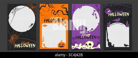 Halloween Social Frame Kollektion – dunkle, gruselige Fotovorlagen mit Spinnennetzen, orangefarbenen Kürbisrändern, lila Schädelmotiven, Hexenhut und Kerzendekorationen für den Event Post oder die Geschichte im Oktober Stock Vektor