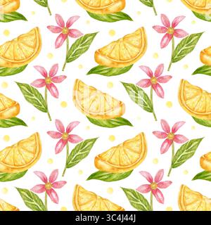 Exotisches nahtloses Muster mit blühenden Zitronenfrüchten. Aquarellhintergrund mit Zitrusscheiben und Blumen. Helles Drucken für Stoff, Küche oder Tapeten. Stockfoto