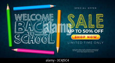 Back to School Sale Banner Design mit bunten Bleistift und Handzeichnung Typografie Schriftzug auf blauem Hand gezeichnetem Doodles Hintergrund. Vektorgeschäft Stock Vektor