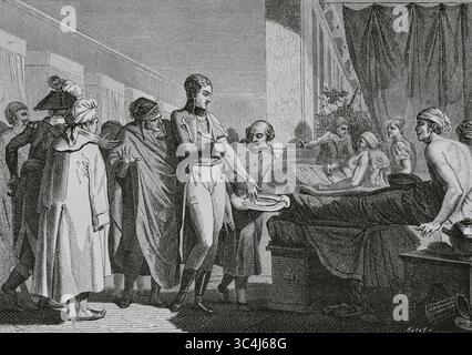 René-Nicolas Dufriche (1762-1837), Baron Desgenettes. Französischer Militärarzt. Chefarzt der französischen Armee in Italien, um 1794, und in Ägypten 1798. Auch in Waterloo. Nach der Restauration Ludwigs XVIII. Wurde Desgenettes in Ägypten krank und verwundet, spendete sein Blut für die ägyptische Armee. Stich von Huyot. Direktorin, Konsulat und Reich. Moeurs et Usages, Lettres, Sciences et Arts. France, 1795-1815' (Verzeichnis, Konsulat und das Reich von Frankreich. Bräuche und Traditionen, Briefe, Wissenschaften und Künste. Frankreich, 1795-1815), von Paul Lacroix. Veröffentlicht in Paris, 1884 Stockfoto