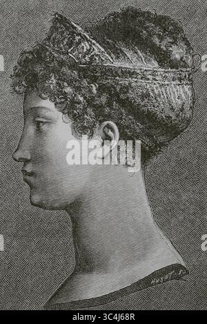 Marie Louise (1791-1847). Erzherzogin von Österreich, Prinzessin von Ungarn und Böhmen. Kaiserin von Frankreich (1810–1814) als zweite Ehefrau Napoleon Bonapartes. Porträt der Kaiserin Marie Louise, nach Pierre-Paul Prud'hon (1758-1823), um 1810. Stich von Huyot. Direktorin, Konsulat und Reich. Moeurs et Usages, Lettres, Sciences et Arts. France, 1795-1815' (Verzeichnis, Konsulat und das Reich von Frankreich. Bräuche und Traditionen, Briefe, Wissenschaften und Künste. Frankreich, 1795-1815), von Paul Lacroix. Veröffentlicht in Paris, 1884. Stockfoto