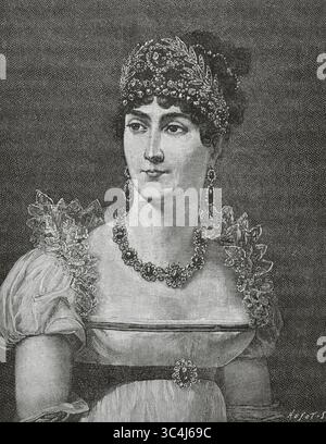 Josephine de Beauharnais (1763-1814). Kaiserin von Frankreich (1804-1810). Napoleons erste Frau. Kaiserin Josephine. Kupferstich von Huyot nach einem Porträt von Henri Francois Riesener (1767-1828), 1806. Direktorin, Konsulat und Reich. Moeurs et Usages, Lettres, Sciences et Arts. France, 1795-1815' (Verzeichnis, Konsulat und das Reich von Frankreich. Bräuche und Traditionen, Briefe, Wissenschaften und Künste. Frankreich, 1795-1815), von Paul Lacroix. Veröffentlicht in Paris, 1884. Stockfoto