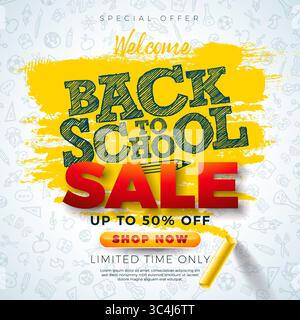 Back to School Sale Design mit Kreidezeichnung und Typografie-Schrift auf weißem Hand gezeichnetem Doodles Hintergrund. Vektor-Geschäftskonzept-Illustration Stock Vektor